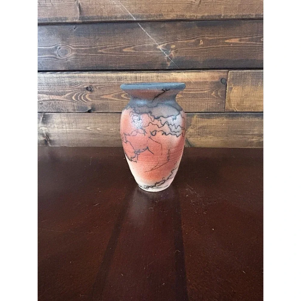 Horsehair Pottery Vase Small Hand Made Textured 5 inch tall Hand Painted